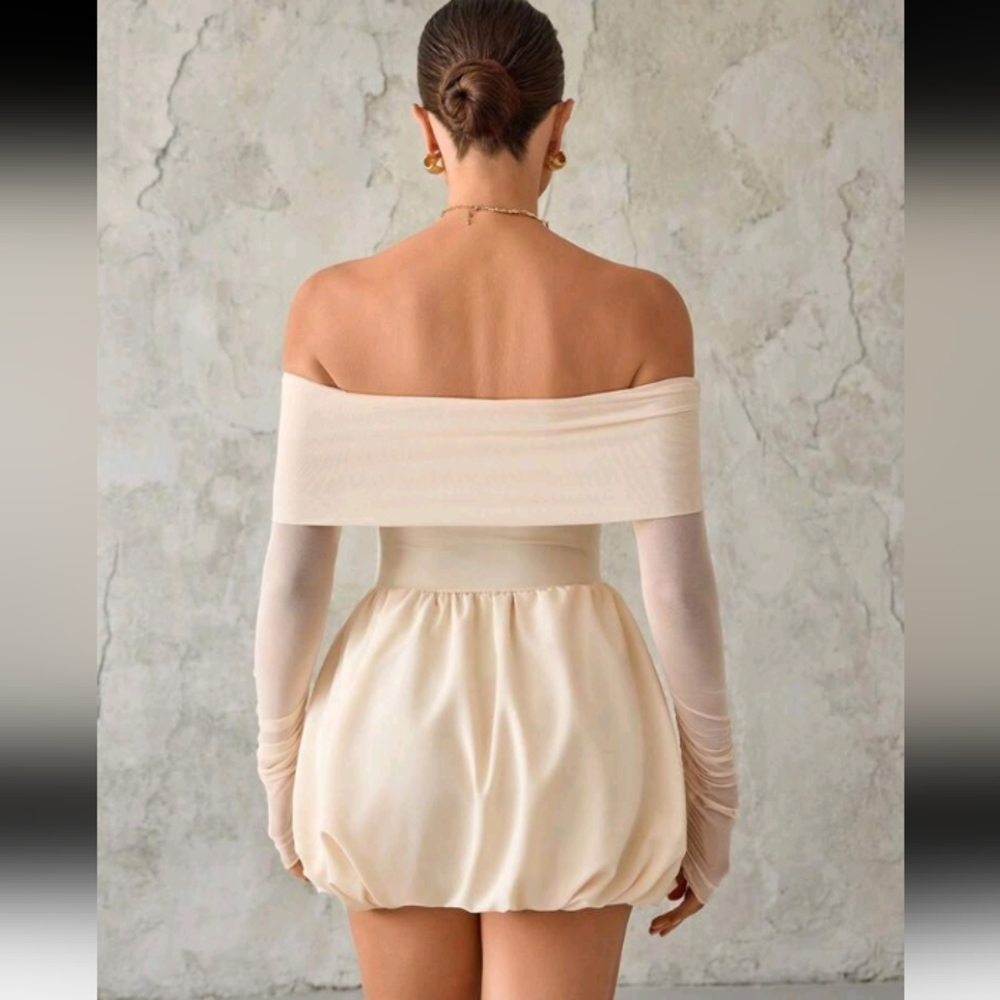 Women's Off-Shoulder Mesh Long Sleeve Dress With Flounced Hem - Picture 2 of 5